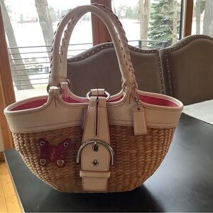 3 vintage handbags.  Coach White and Tan Woven Tote with Butterfly Accent